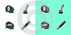 Set Fountain pen nib, Law, and Feather and inkwell icon. Vector