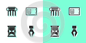 Set Fountain pen nib, Law pillar, Old hourglass and Safe icon. Vector