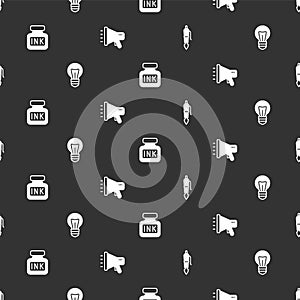 Set Fountain pen nib, Light bulb, Inkwell and Megaphone on seamless pattern. Vector