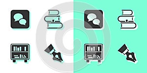 Set Fountain pen nib, Speech bubble chat, Shelf with books and Book icon. Vector