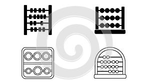 Set of four abacus icons in different styles: solid black frame abacus, flat-base abacus, rounded-outline abacus, and curved arch