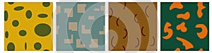 A set of four abstract modern seamless patterns. Different shapes and lines. Autumn colours. Each template is isolated