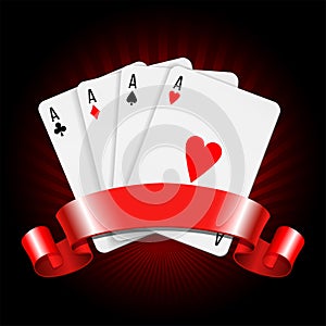 Set of four ace playing cards suits with red ribbon.