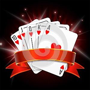 Set of four ace playing cards suits with red ribbon.