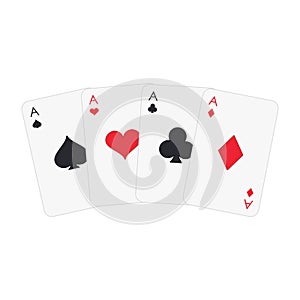 Set of four aces playing card suits - hearts, spades, diamonds, clubs. A winning poker hand