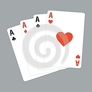 Set of four aces playing cards suits. Winning poker hand. Set of hearts, spades, clubs and diamonds ace. Vector