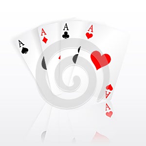 Set of four aces playing cards suits. Winning poker hand. Set of hearts, spades, clubs and diamonds ace with reflection