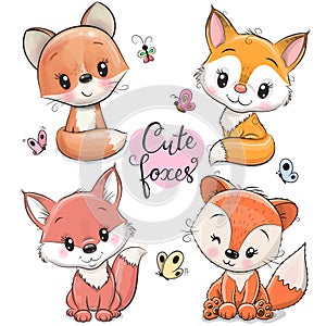 Set of four adorable cartoon foxes