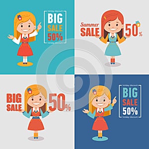 Set of four advertising shopping labels. Summer sale, big sale 50 percent.Banners seasonal discounts with character girl