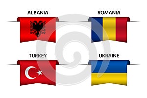 Set of four Albanian, Romanian, Turkish and Ukrainian ribbons. Made in Albania, Made in Romania, Made in Turkey