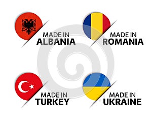 Set of four Albanian, Romanian, Turkish and Ukrainian stickers. Made in Albania, Made in Romania, Made in Turkey