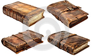 Set of four antique leather-bound books isolated on transparent background