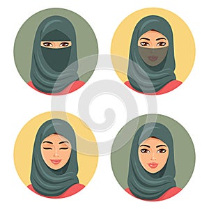 Set four Arab girls avatars in different traditional headdresses. Isolated. Vector. Young arab woman icons set girls portrait in