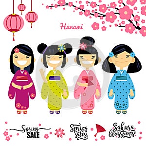 Set of four Asian girl, Sakura, spring discounts. Elements for hanami festival, sakura blossom season. Vector photo