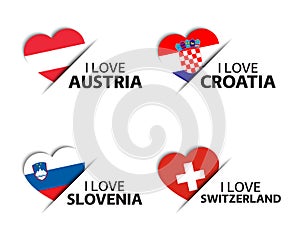 Set of four Austrian, Croatian, Slovenian and Swiss heart shaped stickers. I love Austria, Croatia, Slovenia and Switzerland