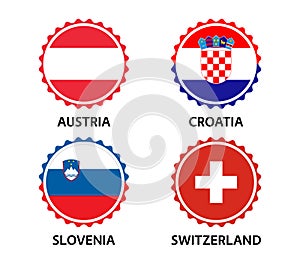 Set of four Austrian, Croatian, Slovenian and Swiss stickers. Made in Austria, Made in Croatia, Made in Slovenia