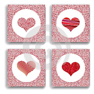Set of four backgrounds with red hearts. Symbol of love.