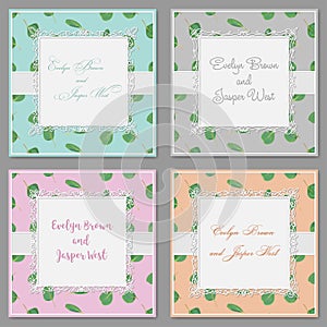 Set of four beautiful cards with a square frame with curls on a