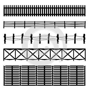 Set of four black fences isolated over white background, silhouette wooden fence set