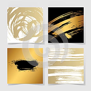 Set of four black and gold ink brushes grunge square pattern