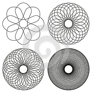 Set of four black line spirograph abstract elements