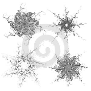 Set of four black snowflakes on a white background. Abstract computer generated fractal image of a snowflake