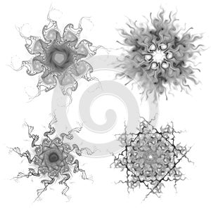 Set of four black snowflakes on a white background. Abstract computer generated fractal image of a snowflake