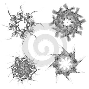 Set of four black snowflakes on a white background. Abstract computer generated fractal image of a snowflake