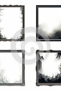 a set of four black and white frames with smoke in them