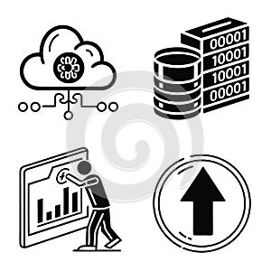 A set of four black and white icons depicting cloud computing and data analysis