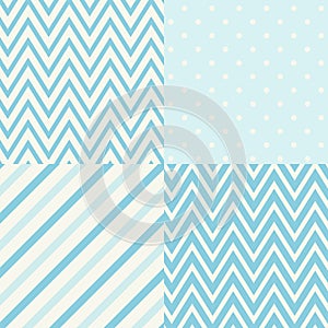 Set of four blue and white seamless geometric patterns. Vector illustration.