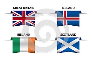 Set of four British, Icelandic, Irish and Scottish ribbons. Made in Britain, Made in Iceland, Made in Ireland and Made in Scotland