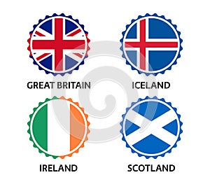 Set of four British, Icelandic, Irish and Scottish stickers. Made in Britain, Made in Iceland, Made in Ireland