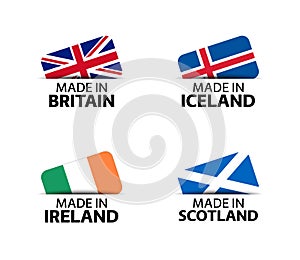 Set of four British, Icelandic, Irish and Scottish stickers. Made in Britain, Made in Iceland, Made in Ireland and Made in Scottla