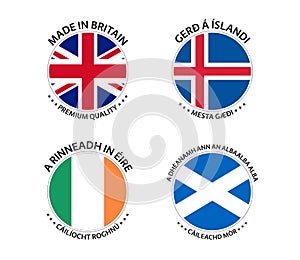 Set of four British, Icelandic, Irish and Scottish stickers. Made in Britain, Made in Iceland, Made in Ireland