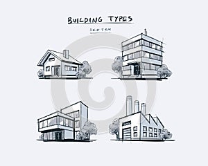 Set of Four Buildings Types Hand Drawn Cartoon Illustration