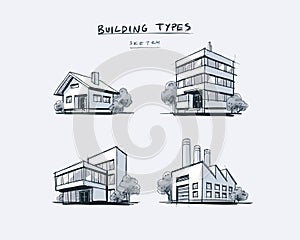 Set of Four Buildings Types Hand Drawn Cartoon Illustration photo