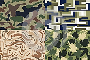 Set of Four Camouflage seamless patterns. Trendy style camo, repeat. Vector illustration. military army green hunting.