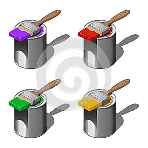 Set of four cans of colored oil paint with a paint brush at the top, isometric isolated vector drawing