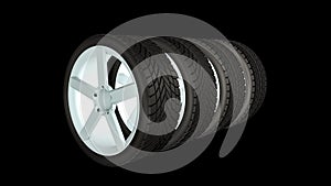 Set of four car wheels isolated on black background. 3D render