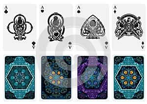 Set from four card aces with different faces in scotland style with thistle pattern and four backs with abstract suits on white