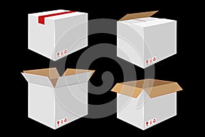 Set of Four Cardboard Boxes. Open and Closed White Box