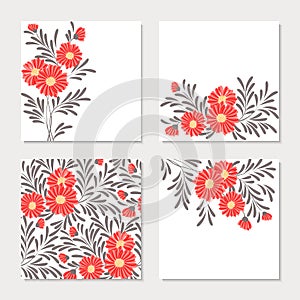 Set of four cards with red abstract flowers