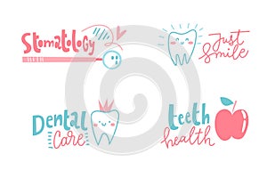 Set of four cartoon stomatology dental logos.