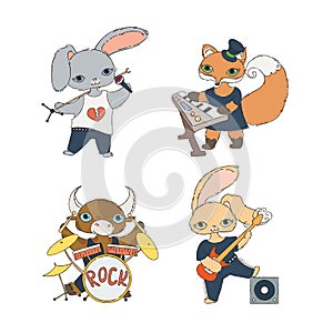 Set of four children`s musical characters: calf, rabbits and fox. Guitarist, keyboardist, singer and drummer.