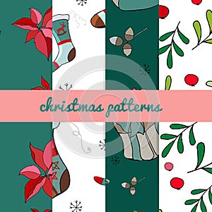 Set of four christmas patterns. Merry christmas seamless pattern.handdraw. vector