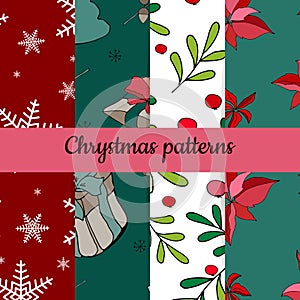 Set of four christmas patterns. Merry christmas seamless pattern.handdraw. vector