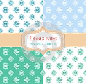 Set of four Christmas seamless vector patterns with snowflakes.