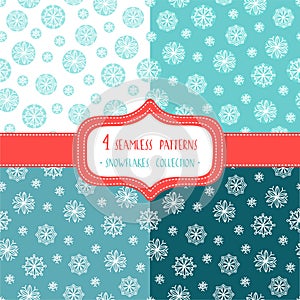 Set of four Christmas seamless vector patterns with snowflakes.