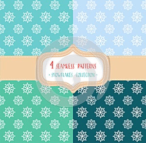 Set of four Christmas seamless vector patterns with snowflakes.